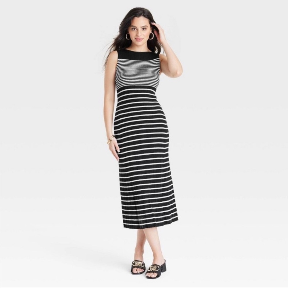 a new day Sleeveless Black and White Faux Plisse Striped Knit Maxi Sweater Dress